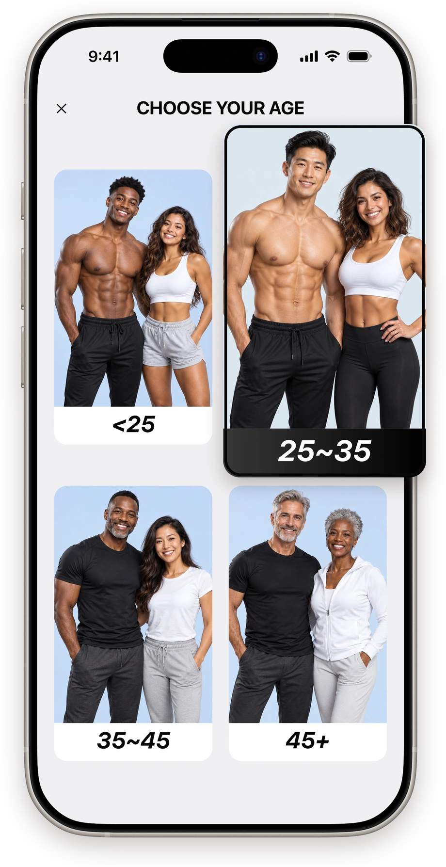 A SweatBud age-selection screen with diverse adult fitness portraits and the 25 to 35 age option raised above the phone.