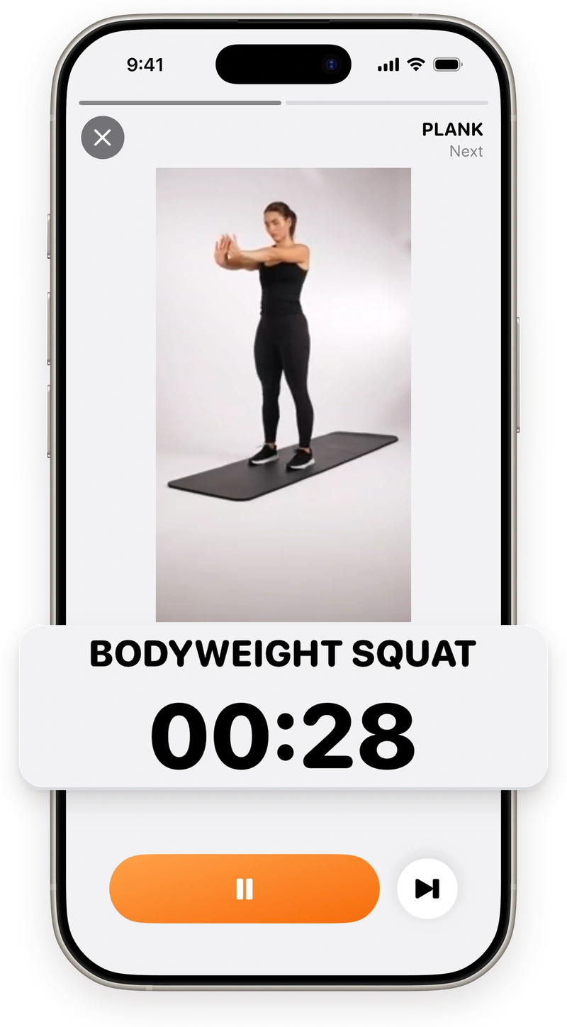 A real exercise demonstration in SweatBud's workout player, with a raised Bodyweight Squat timer showing 28 seconds remaining.