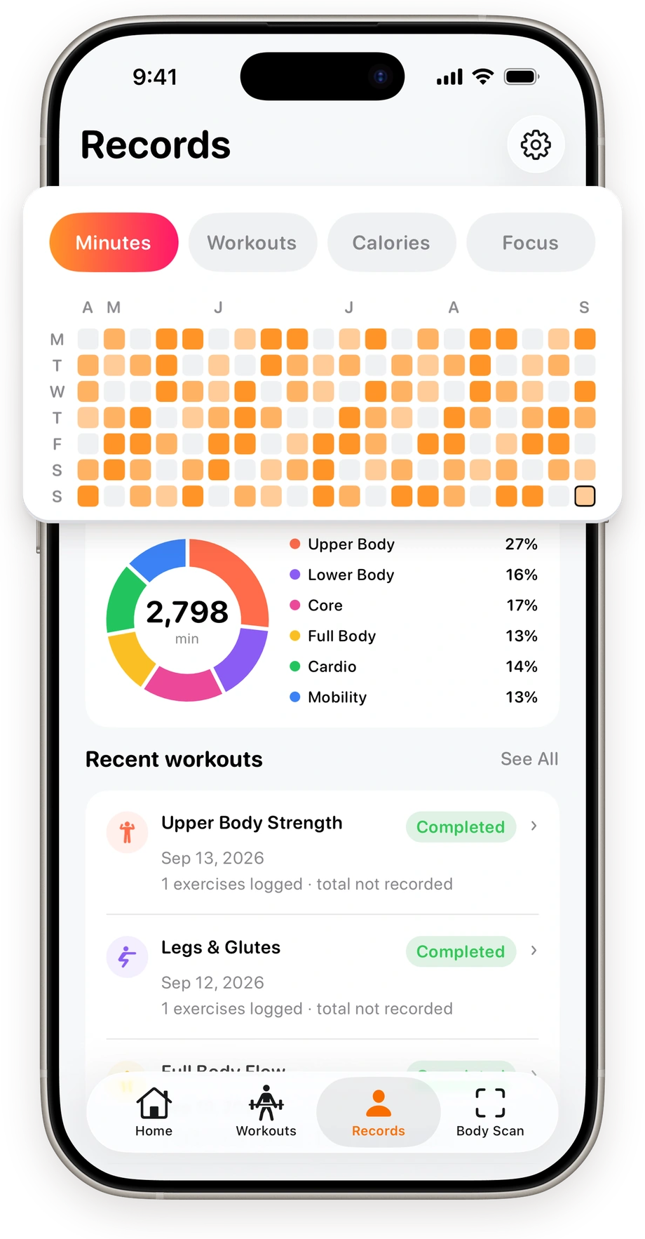 SweatBud's Records screen with an enlarged minutes activity grid, filled training days, empty rest days, and a workout focus breakdown.